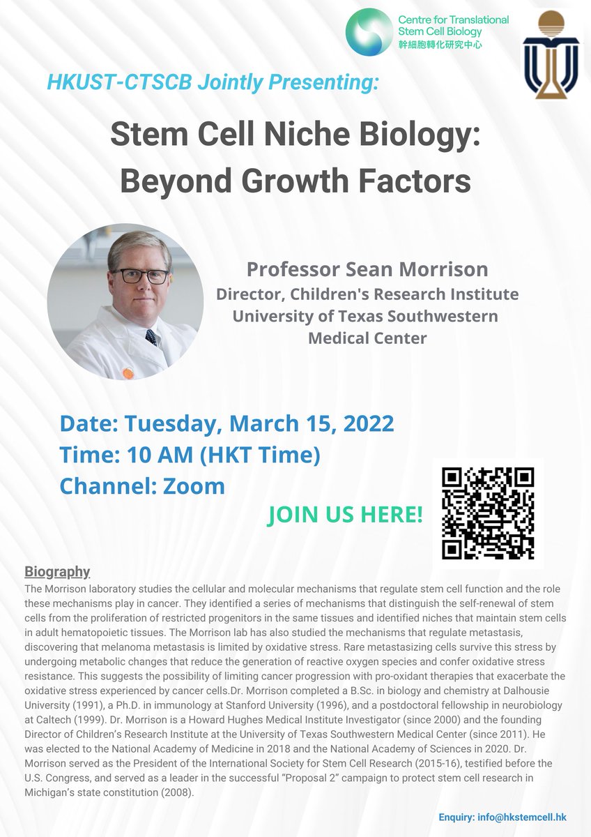 CTSCB_HK's tweet photo. Prof. Sean Morrison, Director of Children's Research Institute at University of Texas Southwestern Medical Centre, will give a talk on "Stem Cell Niche Biology: Beyond Growth Factors" on March 15 (Tues), 10 AM (HKG Time) Join us at https://t.co/WfOVmeQ4pL
#CTSCB #HKUST #stemcells https://t.co/nQyZyhN01k