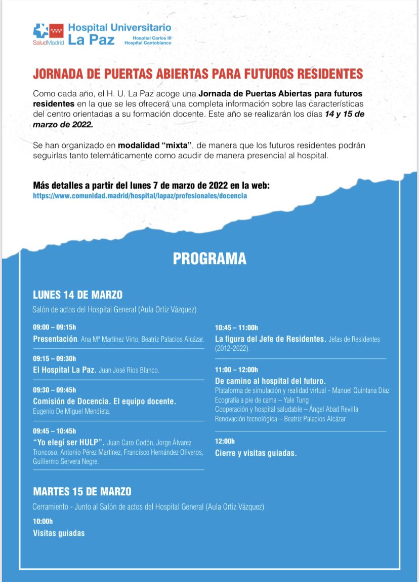 AliciaWisni's tweet photo. ¡YA ESTÁN AQUI! 

✨JORNADAS DE PUERTAS ABIERTAS EN H. LA PAZ✨

🗓 El 14 y 15 de Marzo 
📍 HULP- Salón de Actos H.General 
⏰ A las 9:00

✨¡OS ESPERAMOS! ✨

#YoSoyHULP #QuieresSerHULP? https://t.co/U0UU4HmlUY