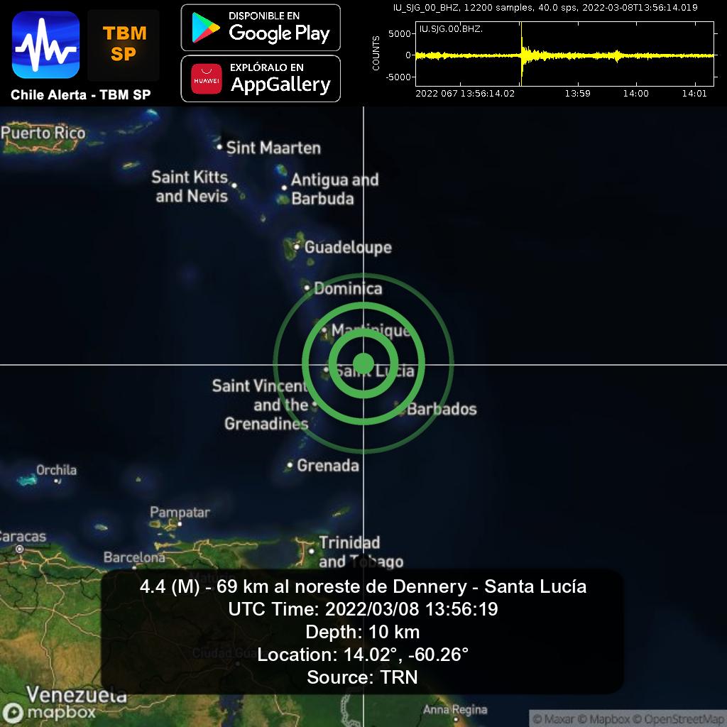 ChileAlertaApp's tweet photo. New #Earthquake. ๐
4.4 (M) - 69 km al noreste de Dennery - Santa Lucรญa.
2022/03/08 13:56:19 UTC.
App: https://t.co/RblVNxZYn8
#Dennery #SantaLucรญa #earthquake #sismo #temblor #terremoto https://t.co/ONsrxczET1