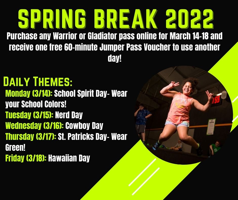 AirFXCR's tweet photo. Spring Break will be here sooner than you think! Join us for our Daily Themes &amp; Prizes and purchase any Warrior or Gladiator pass online for March 14-18 and receive (1) Free 60-minute Jumper Pass voucher to use another day. https://t.co/cyRU38FN4H