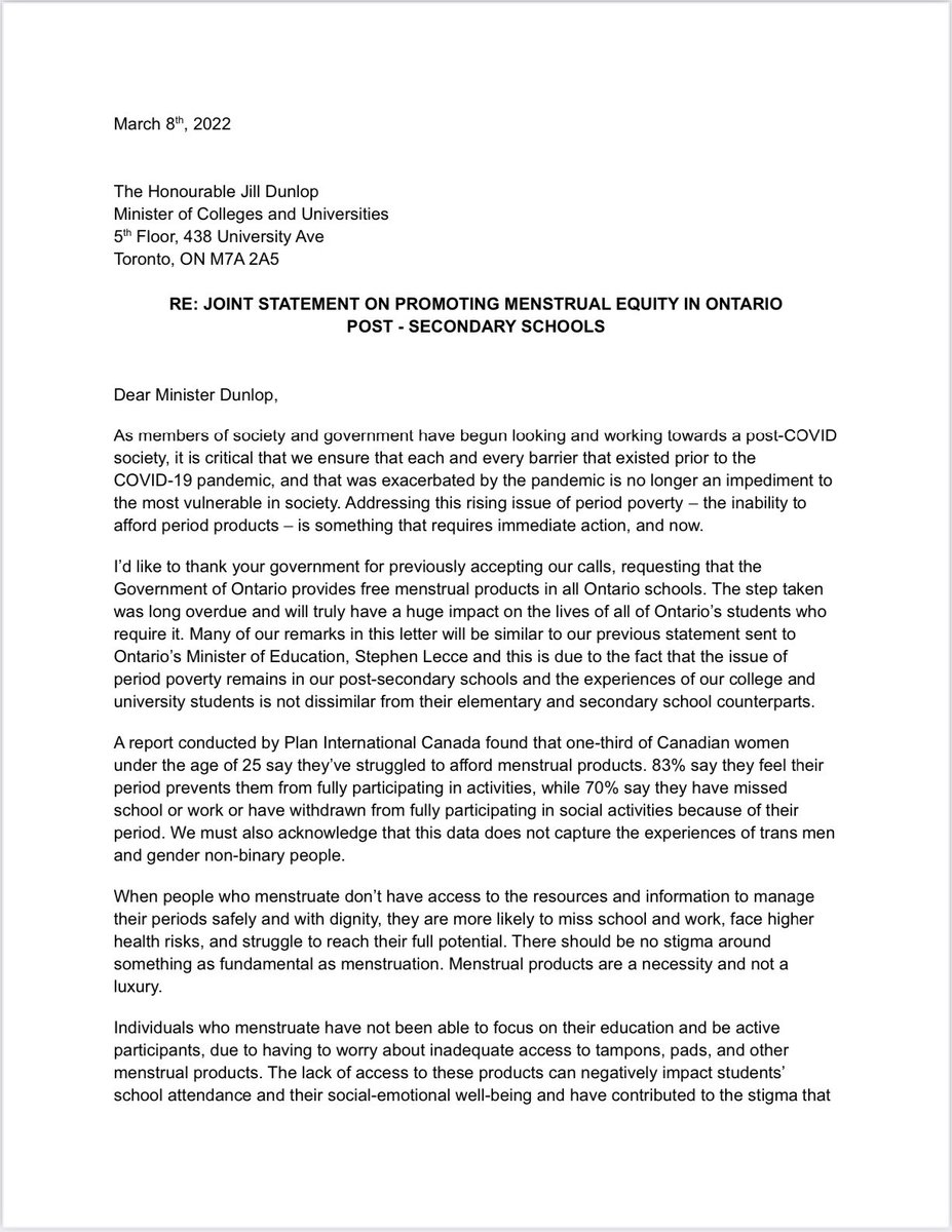 TOYouthCabinet's tweet photo. Today, the TYC along with all of Ontario’s 44 University and College student unions &amp; multiple provincial stakeholders are calling on the @ONgov to require all post-secondary institutions to provide free menstrual products campus wide. 

Please share! (1/2)

#EndPeriodPoverty https://t.co/mQwvhXPjTw