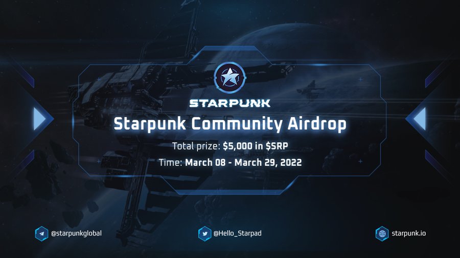 s6kFinance's tweet image. Starpunk: The 2nd Community Airdrop Campaign

🗓 Event Timeframe: Start March 8th, 2022 - End March 29th, 2022.
 🎁 Total prize pool: $5,000 in $SRP tokens.
📍Details: blog.starpunk.io/2022/03/08/the……
📍Gleam: wn.nr/7FxHqw

#Starpad #Incubator #Launchpad #Metaverse $SRP