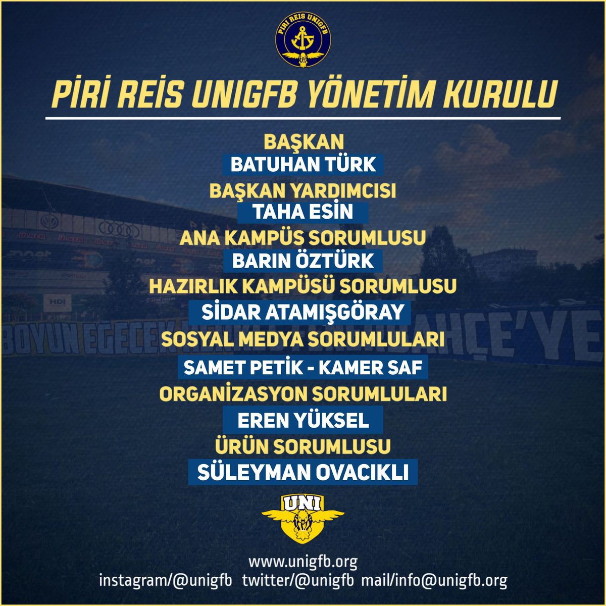 PiriReisUNIGFB's tweet photo. YENİ YÖNETİM KURULUMUZ #UNIGFB https://t.co/OJECSjf8zZ