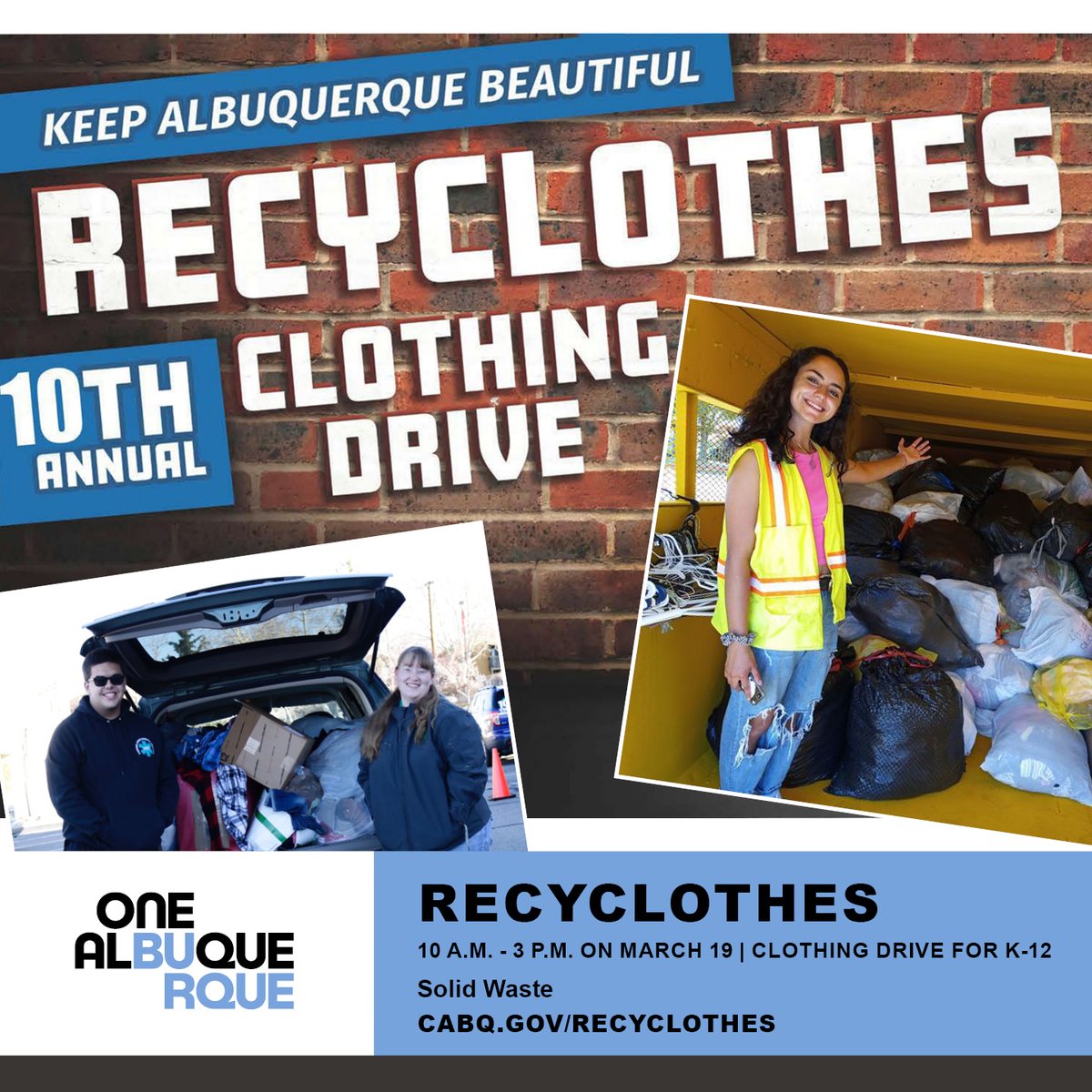 cabq's tweet photo. Save the date! Recyclothes is back for its 10th year &amp; we want to go bigger than ever. Help us by donating gently used clothing for K-12 students. Join @abqbeautiful from 10 a.m. - 3 p.m. on March 19 at Hinkle Family Fun Center! https://t.co/YQCvtw4Ykw #OneAlbuquerque https://t.co/dML4jOIs2c