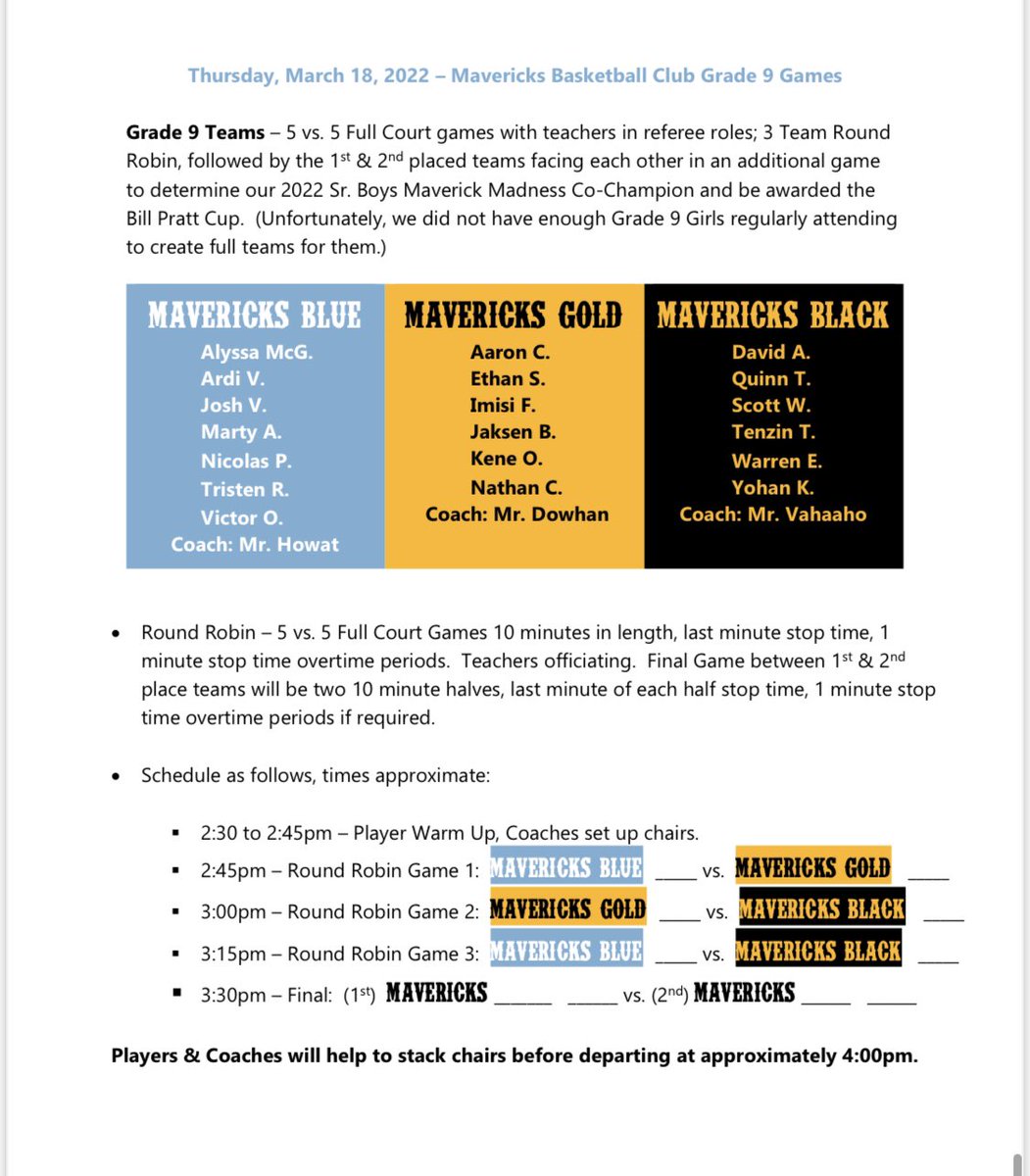 The schedule for our 2022 Maverick Madness tournament is here!  Updated rosters and spectator information included.  Please note that the start times are estimates and include buffers for possible overtimes - games may start earlier if we are able to do so.
🏀💙💛🖤
#LetsGoMavs