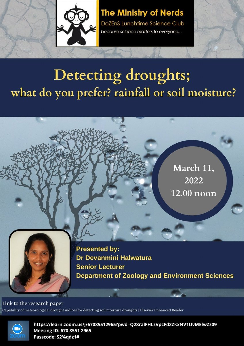 DoZEnS_uoc's tweet photo. The next Ministry of Nerds journal reading will be by Dr @Devan_Hal on drought indices for detecting soil moisture on work done at @UQscience on Friday 11th March @ 12 noon
Zoom link:
https://t.co/87S47uOQY3
Meeting ID: 670 8551 2965
Passcode: S2%qdz1#

See you there! https://t.co/7qEi7A3jAy