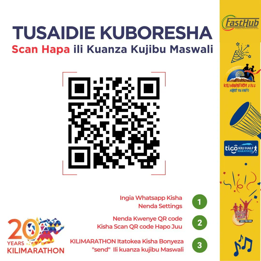 Tupe maoni yako, Scan QR CODE hapo juu, Kwa kutumia Whatsapp au namba ya simu na neno msingi ili kufanya jaribio lako.
Keyword: KILIMARATHON
Nambari ya simu: 255754221133

Let us know your thoughts, Scan the QR code here or use the phone number and keyword to run your testing.
