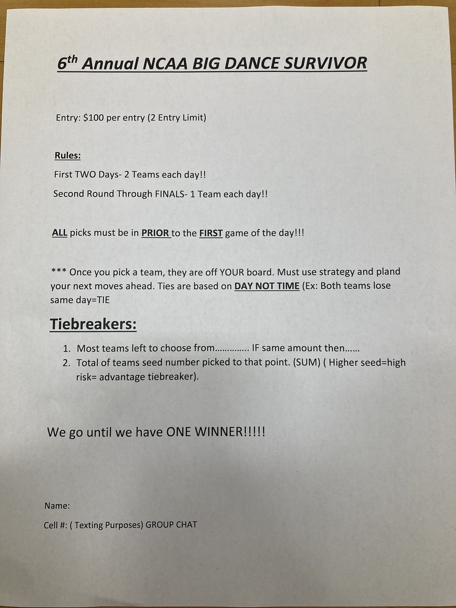 Anyone interested, please contact me before the first game 3/17 at NOON.  Must have first two picks in before the first game tips....... let me know if you have any questions.