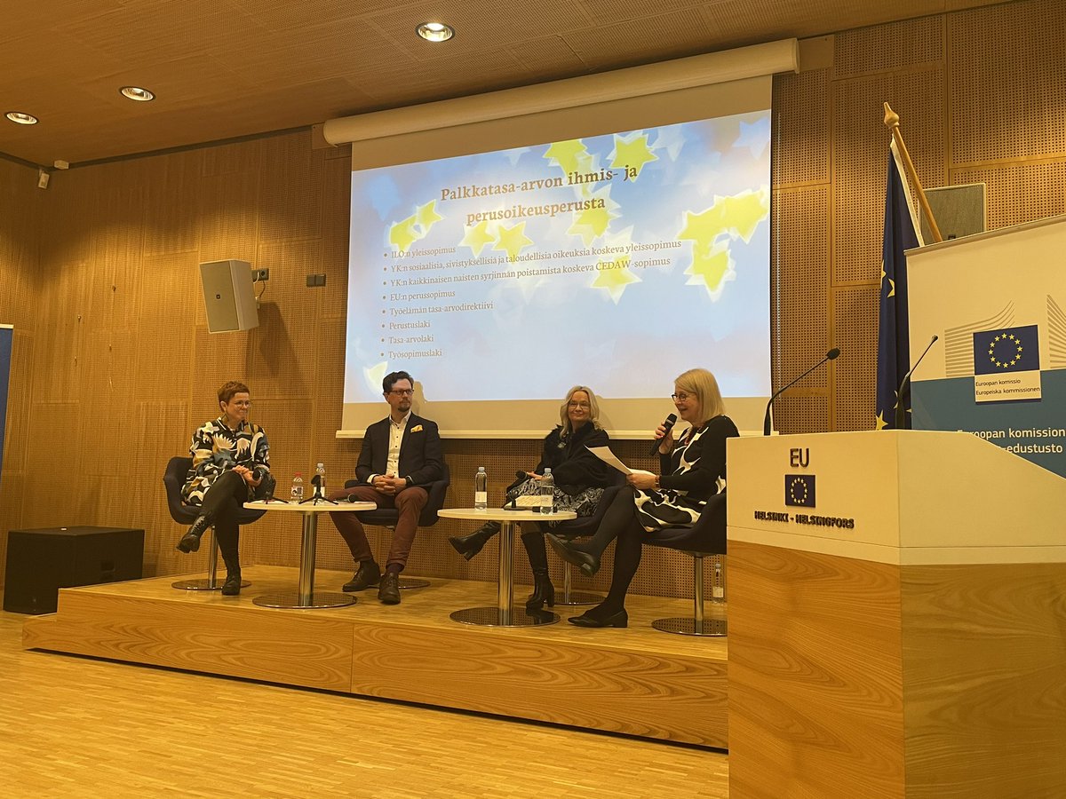 Kiinnostavien asiantuntijapuheenvuorojen jälkeen on aika siirtää katseet paneeliin, jonka teemana on ”Millä keinoin Suomi palkkatasa-arvon mallimaaksi: Case sosiaali- ja terveysala” #naistenhalvennettutyo #eurooppanaiset
