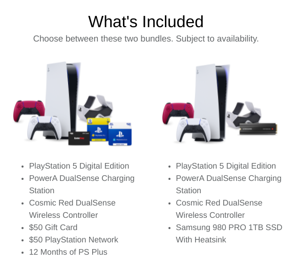 Tracker_Deals's tweet photo. GameStop Digital PS5 Links - Live at 10AM CT for Pro Members⏰

PS5 Bundle #1
➡️https://t.co/J9e2zbytAm
With SSD Expansion

PS5 Bundle #2
➡️https://t.co/El30PBH8oW
With Gift Cards, 1 Year PS Plus

♻️Retweet &amp; Follow @Tracker_RY for restock alerts + deals

#GameStop #PS5 #PS5Share https://t.co/CNmr01DMl0