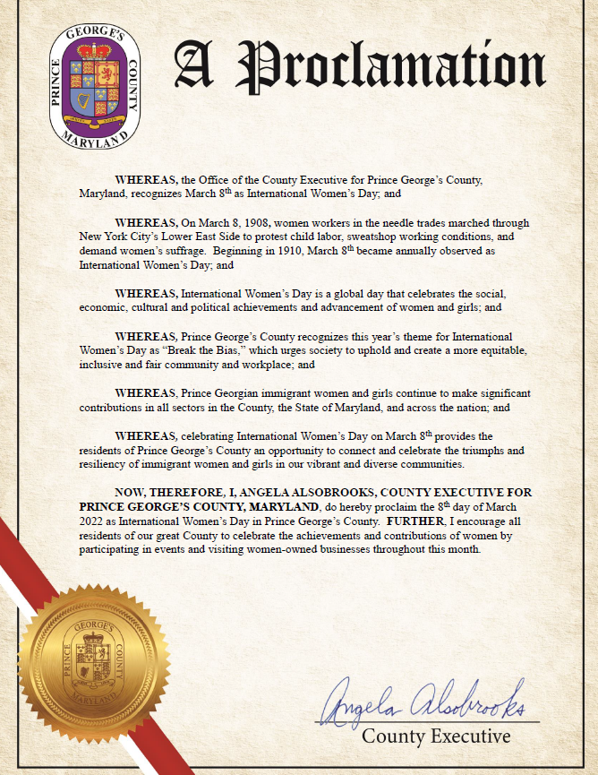 Prince George’s County is an amazing county because of our vibrant and diverse communities. To honor our County’s rich heritage, I am proud to declare today, March 8, as International Women’s Day in Prince George’s County. #PrinceGeorgesProud #InternationalWomensDay