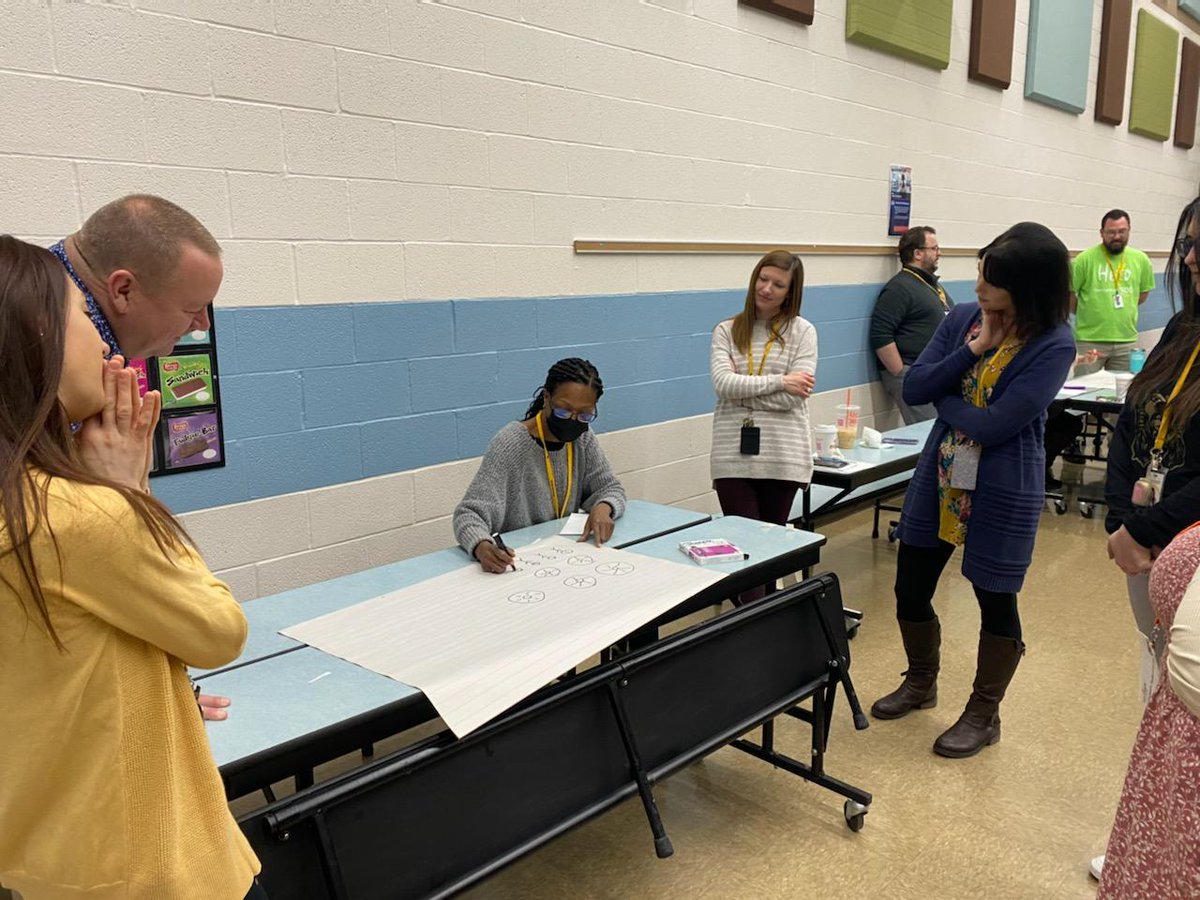 HCBBadger's tweet photo. The staff was thriving and SMILING on Monday morning.  There is power in collaboration and enjoying each other.  @warrenschools #TheJWCS https://t.co/tTAJBF87Tp