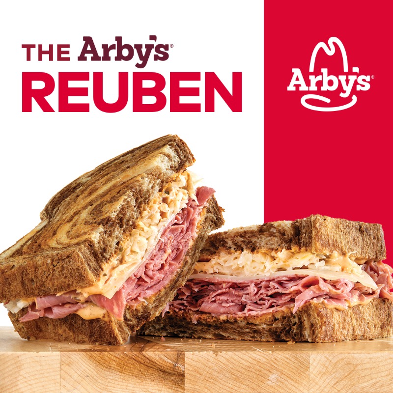 Arbys's tweet photo. Arby’s Reuben stays true to a classic recipe. Each sandwich is made with love and care. But mostly, it’s corned beef and sauerkraut.