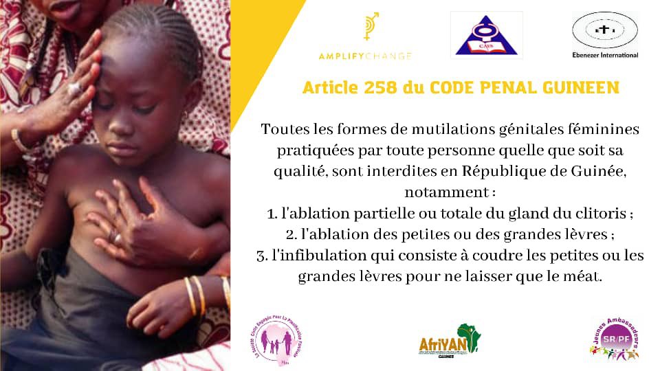 IYAFP_Guinee's tweet photo. Article 258 du CODE PENAL GUINEEN
Toutes les formes de mutilations génitales féminines
pratiquées par toute personne quelle que soit sa
qualité, sont interdites en République de Guinée.
#haltevbg
#Amplifychange https://t.co/5Tjao4gTHm