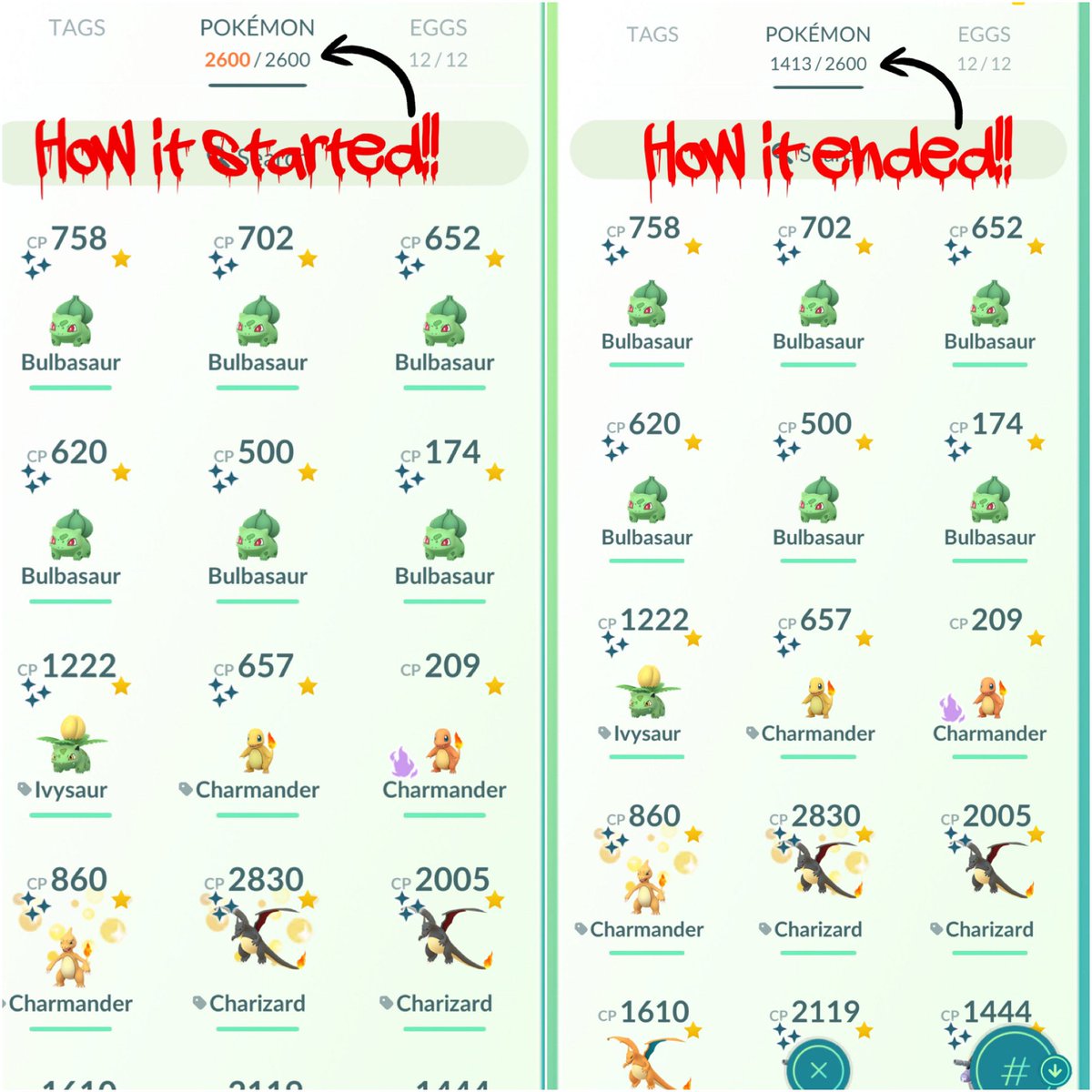 JBruno81's tweet photo. Actually took the time to do a massive #PokemonStorage clean up yesterday. Filled up at Max 2600. After clean up I freed space for 1,187 #Pokemon Appraised every single one. Transferred all that was less then 3 Stars. #PokemonGo #TeamValor https://t.co/pfllaD4AWm