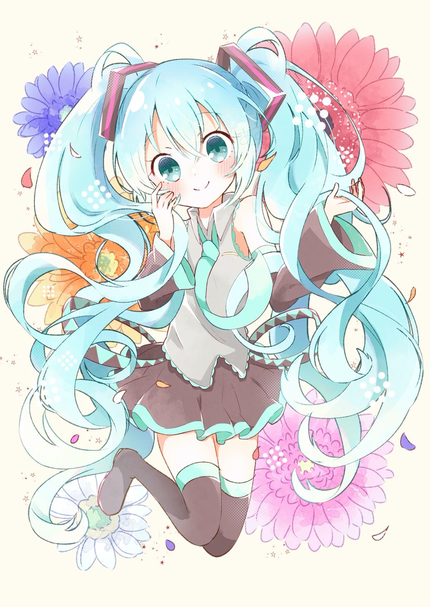 hatsune miku 1girl solo long hair twintails skirt floral background detached sleeves  illustration images