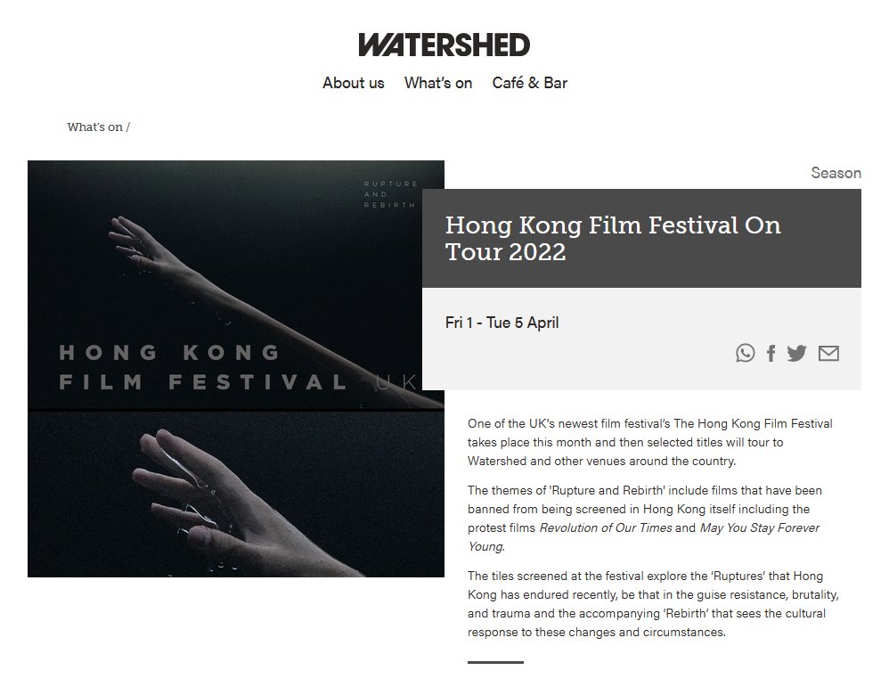 [HKFFUK screenings @ Bristol tickets available NOW‼️]

May You Stay Forever Young
Fri 1 April 18:00

Revolution of Our Times
Sun 3 April 14:30

Ballad on the Shore
Tue 5 April 18:00

Tickets available on Watershed's website👇
watershed.co.uk/whatson/season…