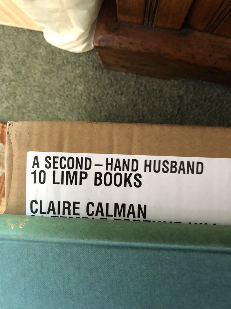 clairecalman's tweet photo. A box of my most recent novel just arrived from the publisher, but the comment on the label feels a bit damning…😳. #ASecond-HandHusband https://t.co/Ed8NngiFcv
