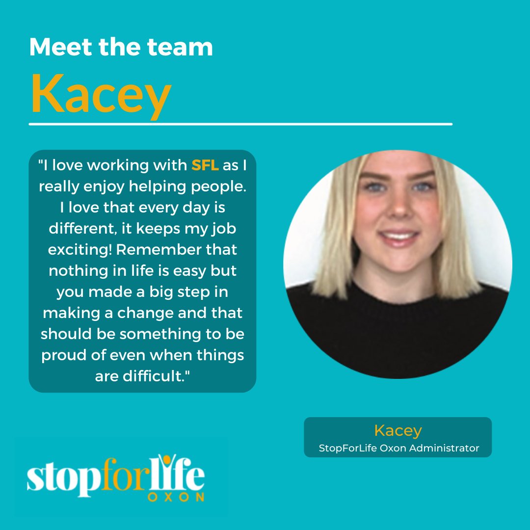 StopforlifeOxon's tweet photo. Meet Kacey, our #StopForLife Administrator. Kacey is passionate about helping people to take that first step into our service and make a real change.
Follow us to meet more of our wonderful team, or visit https://t.co/l470fjX0XA for more information. 
 
#QuitSmoking #StopForLife https://t.co/BI1fy4wr0x
