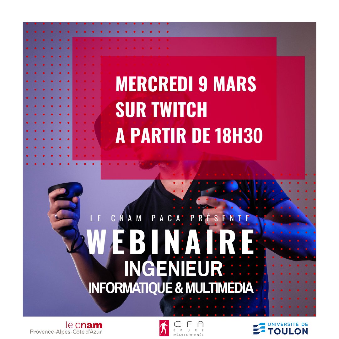 📣Vous êtes passionnés de jeux vidéos et d'informatique ?
Nous vous invitons au webinaire Live sur Twitch des élèves ingénieurs en informatique et multimédia du Cnam Paca à Toulon.

🎯Rejoignez nous, on en parle !
twitch.tv/enjmincnampaca