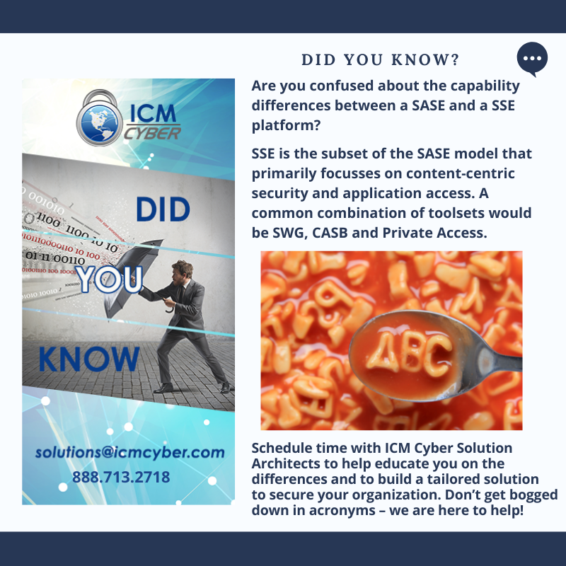 ICMCYBER1's tweet photo. Don't let the alphabet scare you! Know your cloud environment. #SASE #cloudsecurity https://t.co/cGV68ATEHM