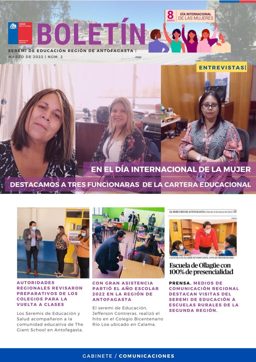 seremieducantof's tweet photo. 🟣 El Día Internacional de la Mujer, destacamos a tres funcionarias de la región de #Antofagasta en nuestro Boletín interno. Grandes mujeres que también fueron reconocidas por nuestro seremi de Educación, @Jef_figueroa ♀️🗞 https://t.co/jDryfLqtl9