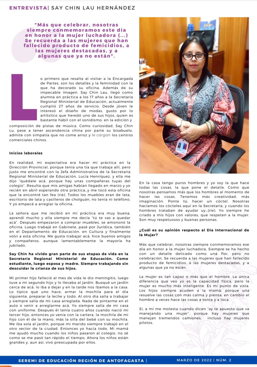 seremieducantof's tweet photo. 🟣 El Día Internacional de la Mujer, destacamos a tres funcionarias de la región de #Antofagasta en nuestro Boletín interno. Grandes mujeres que también fueron reconocidas por nuestro seremi de Educación, @Jef_figueroa ♀️🗞 https://t.co/jDryfLqtl9