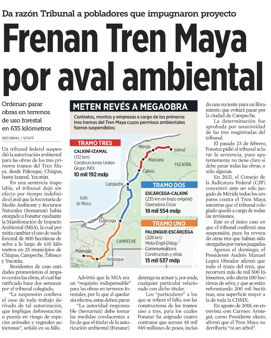 rramireznava's tweet photo. Frenan @TrenMayaMX por aval ambiental vía @Reforma #proyectosturisticos #MIA #medioambiente https://t.co/JfW8Bljjlz