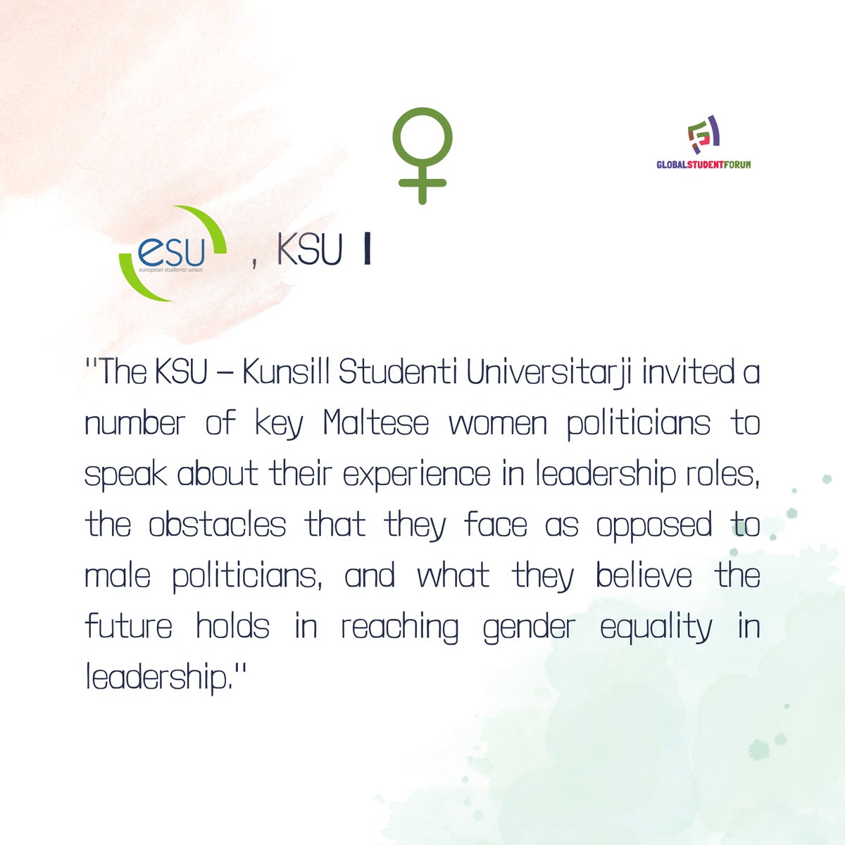 GlobalStuForum's tweet photo. 👏 @ESUtwt and @KSUMalta: reaching gender equality on the #ESC43 event. https://t.co/NKD3V2lxyD