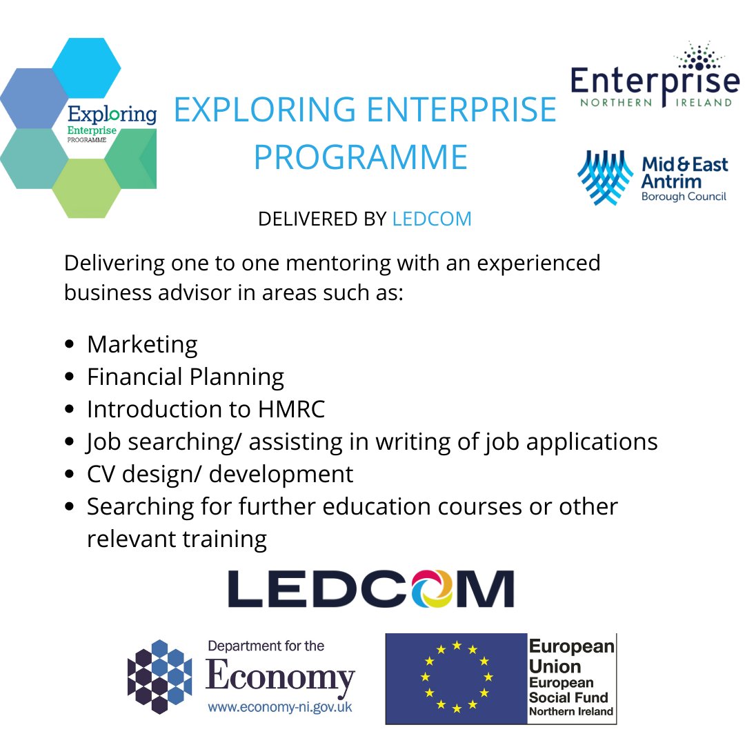 ledcomltd's tweet image. Start your own business or improve your employability with help from the #ExploringEnterpriseProgramme. This free programme offers one to one mentoring and training.

For more information contact Anne Taylor on: 07860951733/ 028 2826 9973 or email: anne.taylor@ledcom.org

#LEDCOM