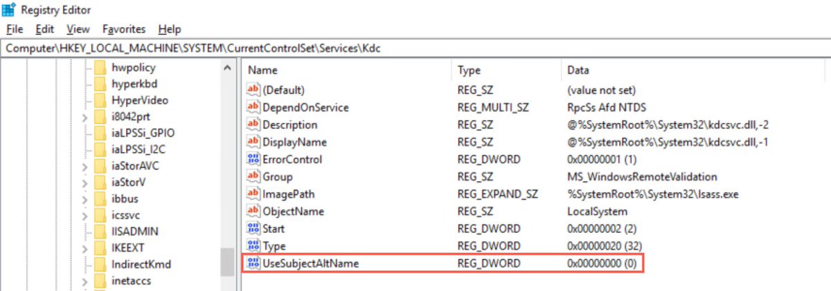 Googling that error actually turns up the Certified Pre-Owned whitepaper as the 3rd result, specifically in the PREVENT7 writeup. This error is due to the presence of a registry key on the DC that effectively disables the use of SANs for UPN mapping during Kerberos auth

6/7