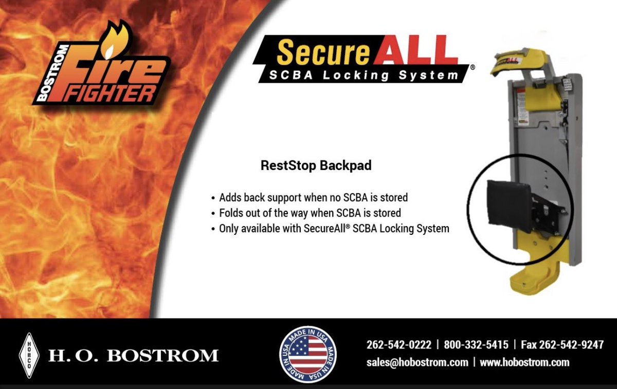HOBostrom's tweet photo. The SecureAll™ SCBA Locking System with flip-out back pad addresses the need for additional ergonomic lower-back support in the absence of an installed cylinder.
https://t.co/CMMZMnu3zr
#secureall #SCBA #Firetruck #Firefighter https://t.co/cJZvi5vTUO