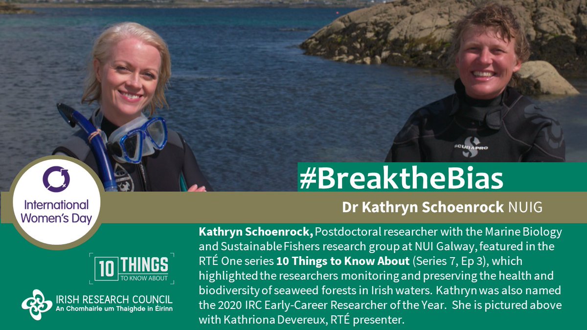 IrishResearch's tweet photo. On #IWD2022 we celebrate outstanding women in research with Dr Kathryn Schoenrock @katesrock @nuigalway, former IRC Early-Career Researcher of the Year whose postdoc work on seaweed forests in Irish waters recently featured in @rte @10Things_ToKnow. @ResearchatNUIG #FightTheBias https://t.co/T0WH02VeNd