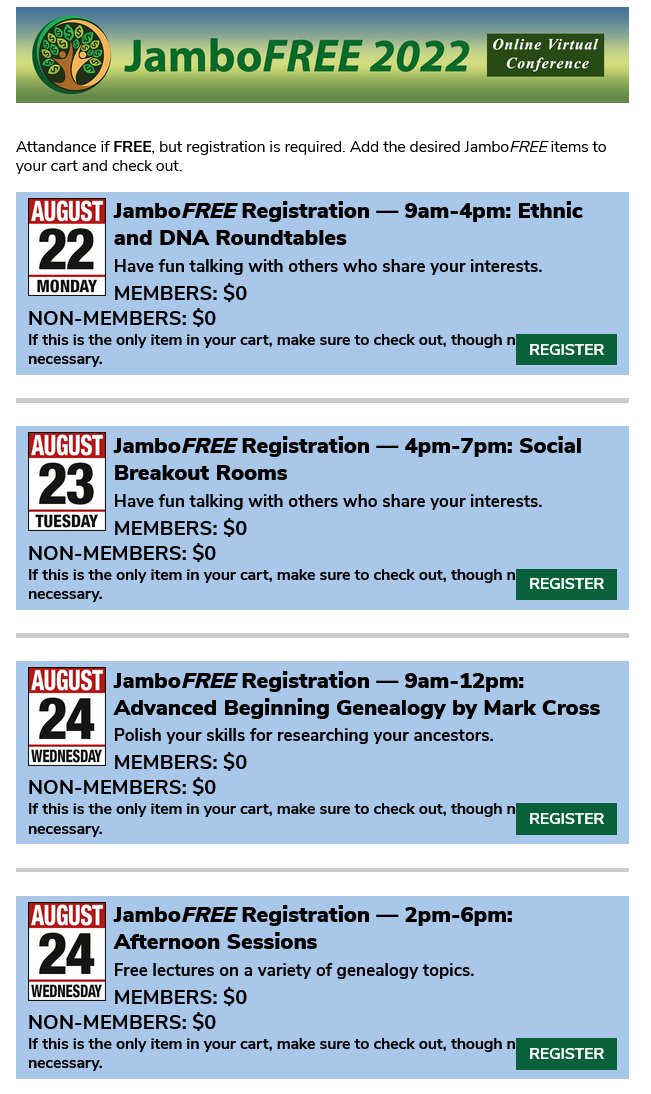 tngenweb's tweet photo. DON'T MISS!  Free virtual sessions from Southern California Genealogical Society Jamboree in August 2022
Recommended full paid registration for all + archived.
SCGS membership provides access to treasure trove of educational materials available on-demand.
https://t.co/9kjidGCRWM https://t.co/kCBFnHRgpw