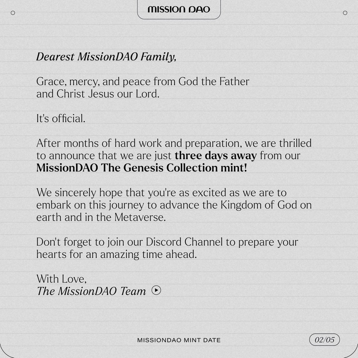 MissionDAO's tweet photo. MissionDAO Mint Announcement - 11 March 2022⁣⁣⁣
⁣⁣⁣
Dearest MissionDAO Family,⁣⁣⁣
⁣⁣⁣
It’s official! After months of hard work and preparation, we are thrilled to announce that we are just three days away from our MissionDAO The Genesis Collection mint!⁣⁣

#crypto https://t.co/n1yvmB5vrW