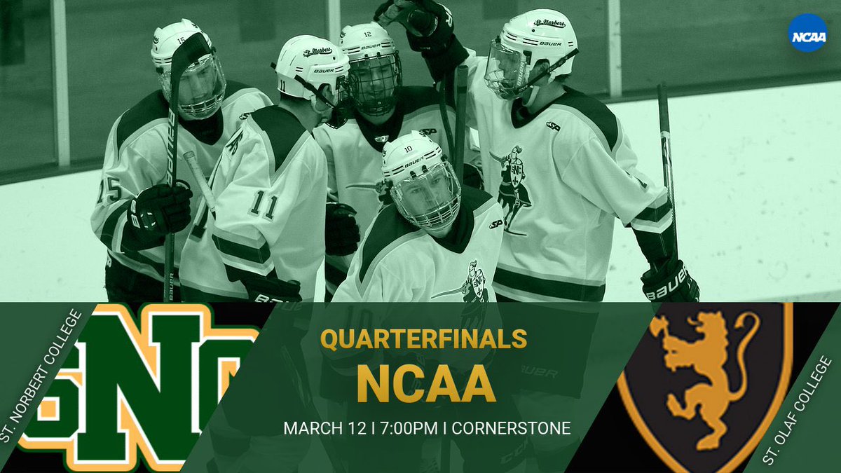 sncathletics's tweet photo. The The St. Norbert men’s hockey team is headed to the NCAA tournament ⚜️The Green Knights will host St. Olaf in the opening round of the tournament on Saturday, March 12 at 7:00pm.           

For full details and ticket information: https://t.co/qNvrp8uwVi https://t.co/h7SqTk5ZIa