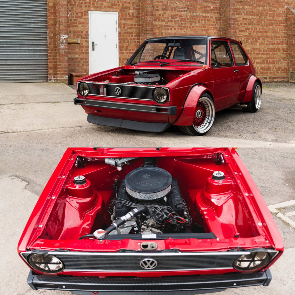 EdelbrockUSA's tweet photo. #TunerTuesday is sweet with this 1983 VW Golf Mk1. 3.5-liter Rover V8. https://t.co/S5kMQ2mti1