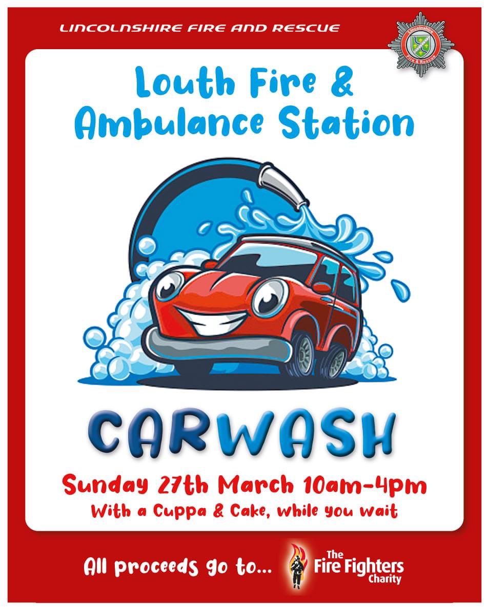 LouthFire's tweet photo. **NEWS FLASH**

We will be taking part in the national Firefighters car wash @LouthFire 🚒🚨

All donations raised will be in aid of @firefighters999

We will be opening our doors at 10am on Sunday the 27th of March until 4pm
#Cakes 🧁 
#Drinks ☕️ 
#CarWash 🧽 
@LouthLeaderNews https://t.co/5WWGt6apN8