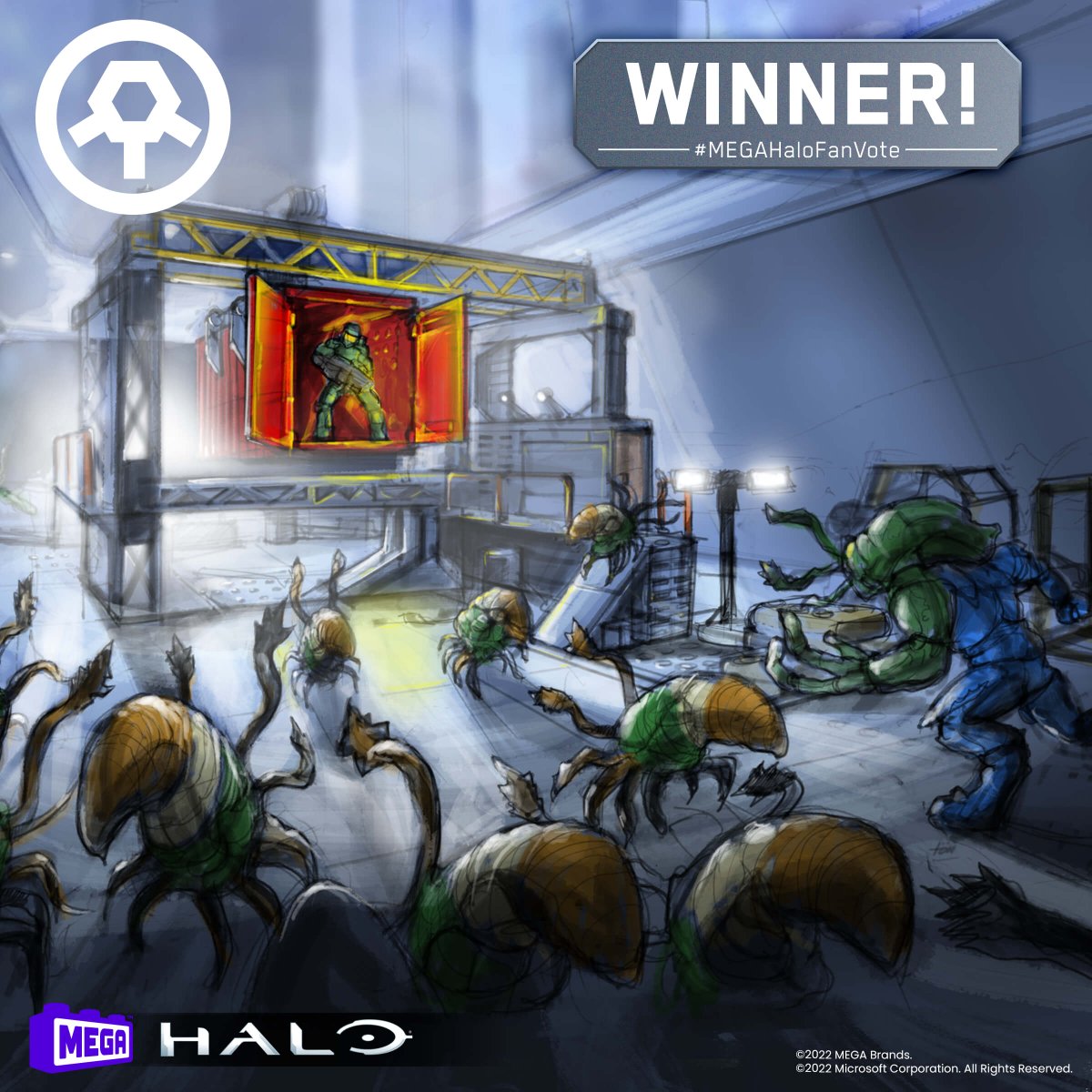 The results are in! With over 50% of the total votes, the winner of the second #MEGAHaloFanVote is Traxis Tower Flood. Thank you all for voting. Over the next few months, we’ll share behind-the-scenes content as our Design Team brings this amazing set to life.