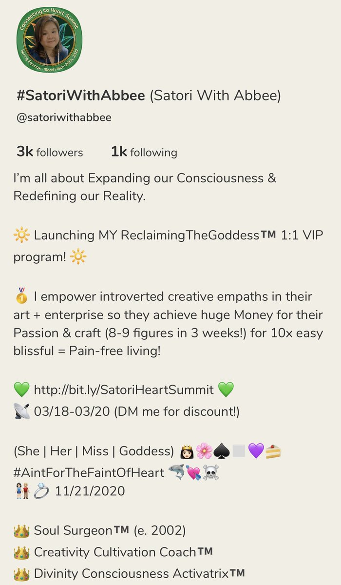 DivinityReclaim's tweet photo. Get your tickets to #ConnectingToHeart2022 Summit here! 

https://t.co/KZOyWxtKhP 

#SpringEquinox2022
#TantricAwakening
#ConnectingSummit 
#SatoriWithAbbee 
#DivinityReclamation 
#SoulSurgeon https://t.co/yAmoORiWPh