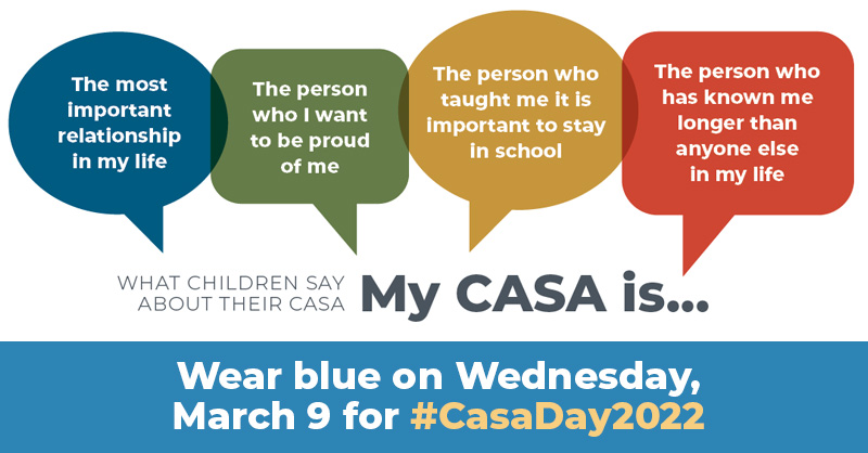 incourts's tweet photo. When a child says, “my CASA is the most important relationship in my life,” it really makes you think how much we need dedicated folks to step forward and join the state’s 4,000+ CASA volunteers. #CasaDay2022 https://t.co/IGHbwgfQss