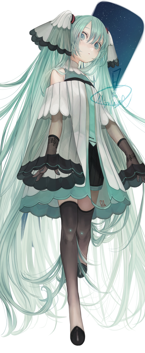 hatsune miku 1girl solo long hair thighhighs very long hair gloves see-through  illustration images