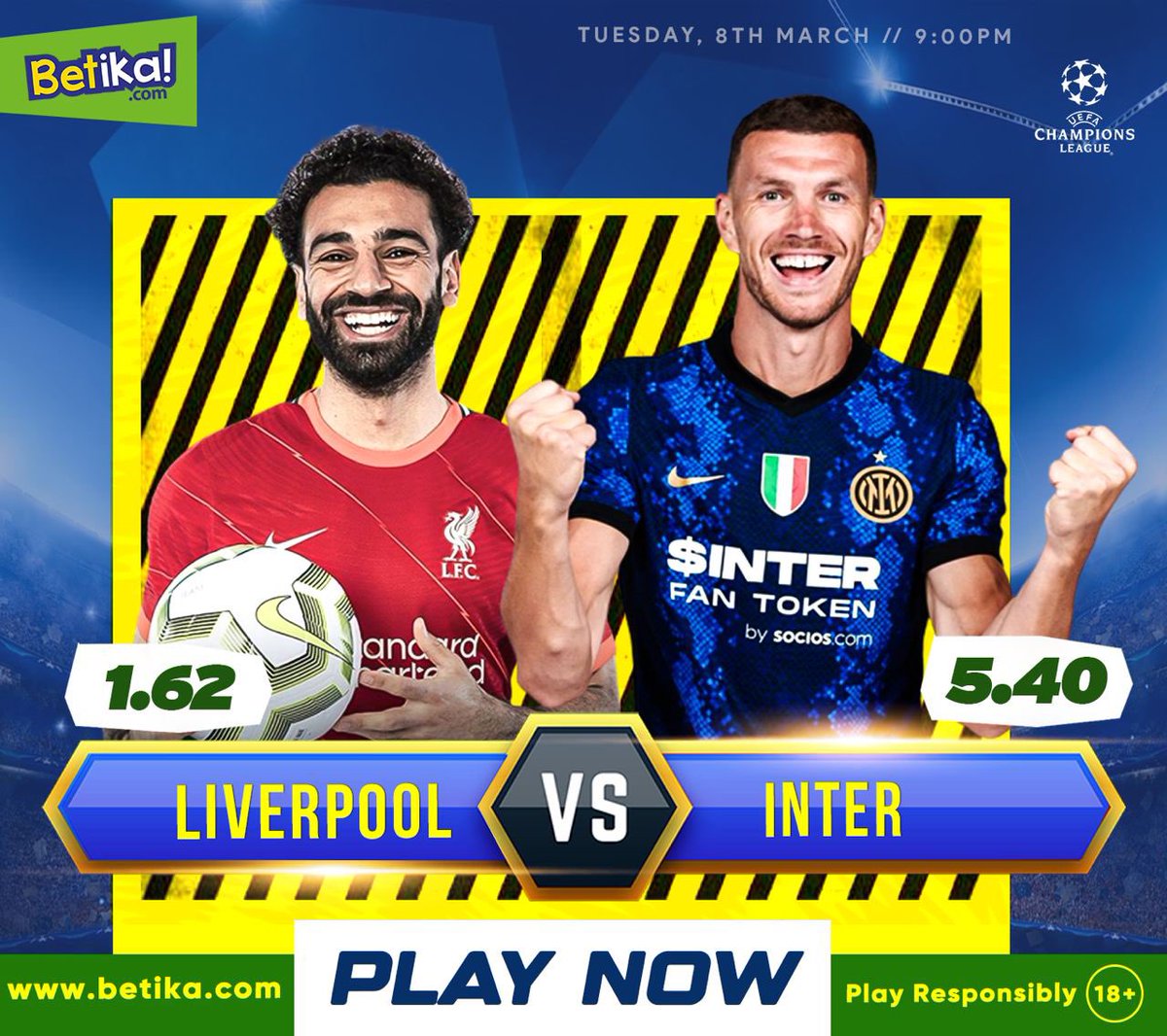 BetikaNigeria's tweet photo. 🚨UCL!
Boasting a healthy 2-0 advantage from the first leg, Liverpool welcome Inter Milan to Anfield for the second leg of their Champions League last-16 tie on this evening. 

What do you think the outcome will be?🤔
#UCL #betting #betikang #liverpoolvsinter #LiverpoolInter #LCF https://t.co/mE5iA8WO6F