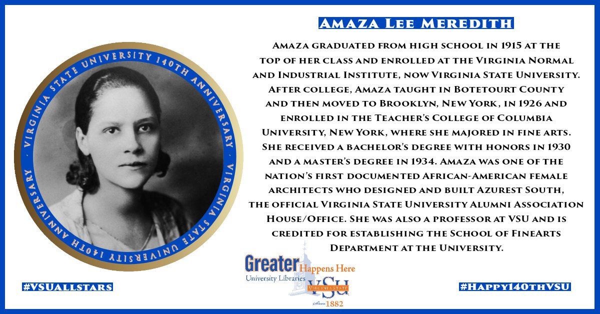 🔹Happy 140th Anniversary VSU!!🔸
Today we are honoring Amaza Lee Metedith.

#HappyAnniversaryVSU #VSUAllstars #140thAnniversary #VSULibraries #VSU #VirginiaStateUniversity #GreaterAtVSU

Photo source: hbcudigitallibrary.auctr.edu/digital/collec…