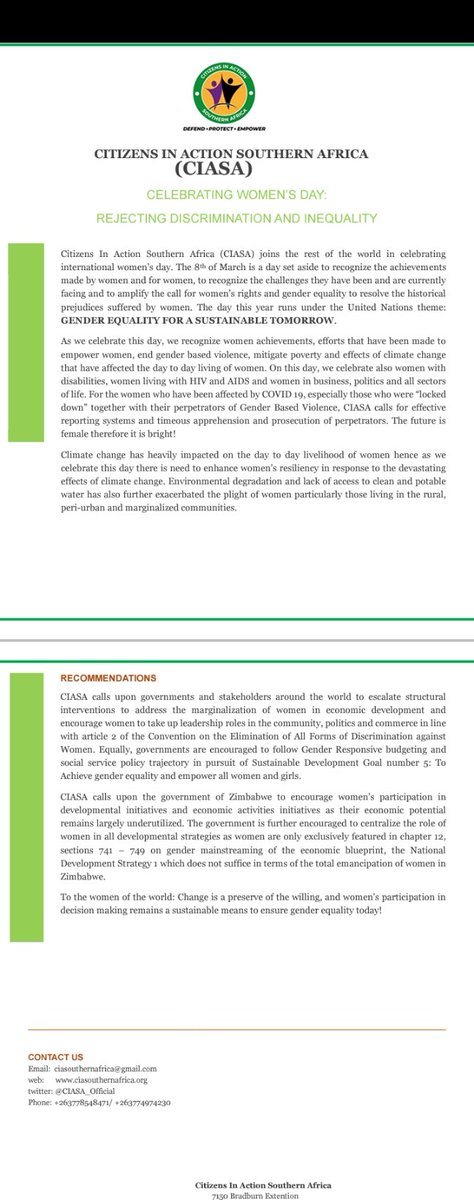 Women are the bedrock of society and the co-drivers of any functional economy. Everyday at <a href="/CIASA_Official/">CIASA</a> is Women's day! Read our statement of celebration and introspection on this important day!
<a href="/awdf01/">African Women's Development Fund</a> <a href="/EJFWZim/">Economic Justice for Women Project(EJWP)</a> <a href="/wesewomen/">Women for Economic and Social Empowerment</a>
dropbox.com/s/mz92hwj1sg4x…