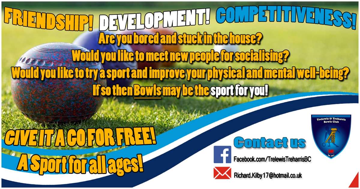 Trelewis_BC's tweet photo. Here is the poster! Anyone local who wants to give bowls a try please send them our way! A sport for all ages and genders! Retweets would be appreciated! @dgarethrichards @Dawn_Bowden @ColegMerthyr @MerthyrCBC #sportwales @sportwales @BowlsWales #trelewis #treharris #nelson https://t.co/JDSKUP64vh