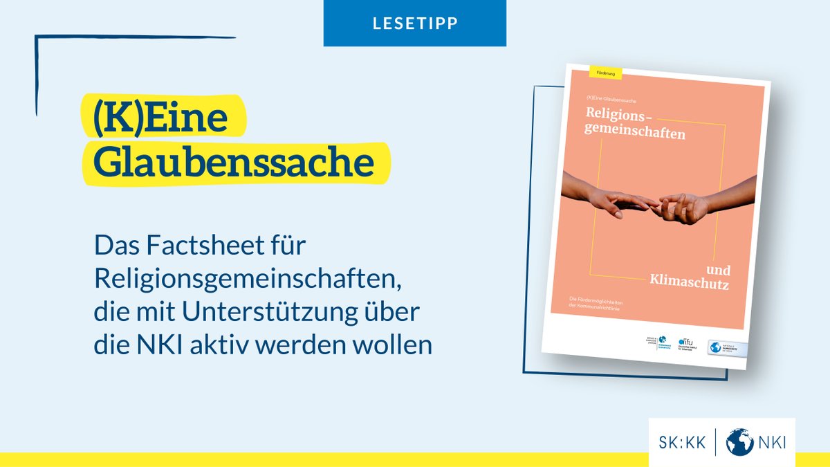 Die Visualisierung zeigt rechts eine Broschüre mit sich berührenden Händen auf dem Cover, links steht der Text: (K)Eine Glaubenssache. Das Factsheet für Religionsgemeinschaften, die mit Unterstützung über die NKI aktiv werden wollen.