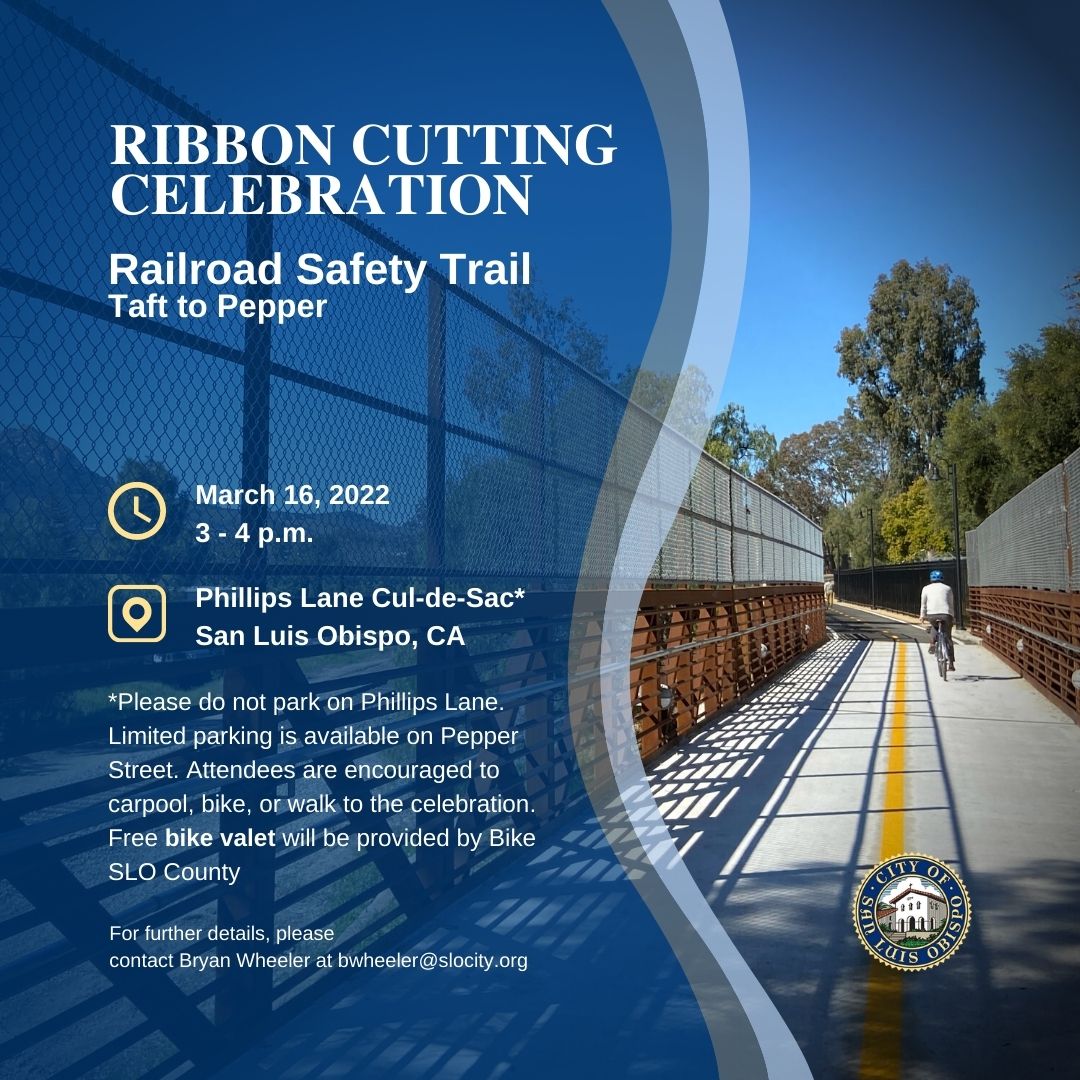 Save the Date! 📅  Join us in celebrating the completion of a critical section of the Railroad Safety Trail in #SLOCity, which links Cal Poly to the downtown area as well as destinations in between. 🚴 🚶 🎉 

#we❤️SLO #CityofSLO #SanLuisObispo #ClimateAction