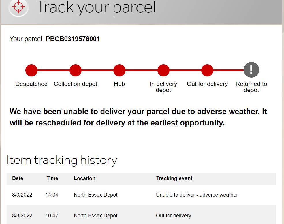Mills_Billy's tweet photo. @parcelforce are you having a laugh with this one -  ‘adverse weather’ it’s the sunniest day of 2022 in essex. https://t.co/fHThqumVt5