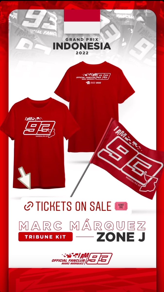 Bagi yang belum beli tiket #IndonesianGP, jangan lupa beli tiket Tribun MM93 di Zona J. Karena setiap pembelian 1 tiket, akan mendapatkan Tribune Kit yang ada di gambar ini 👌